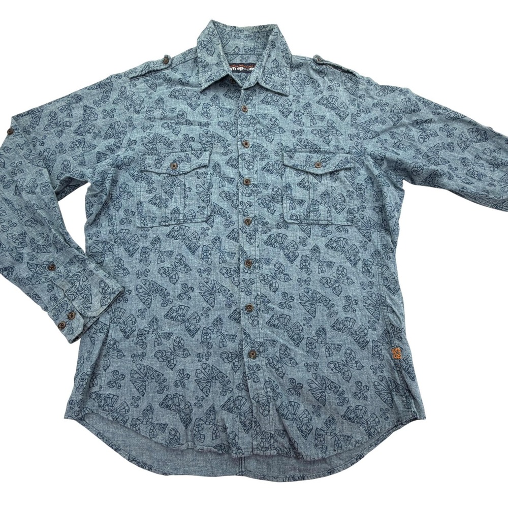 Reyn Spooner Hawaiian Shirt Mens M Blue Butterfly Print Chambray Military Linen